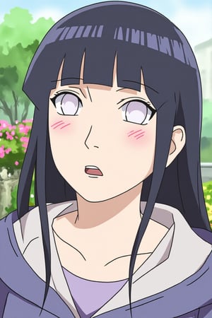 long hair, looking at viewer, open mouth, bangs, multiple girls, black hair, 2girls, collarbone, jacket, flower, outdoors, solo focus, hood, blunt bangs, white eyes, no pupils, hyuuga hinata