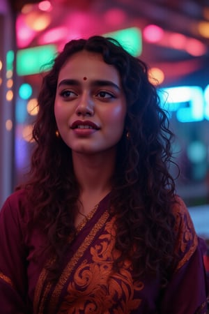  A CUTE TRADITIONAL MALLU BEAUTY , 
The atmosphere is fun and inviting, featuring colors like black, blue, dark blue, dark purple, gray, light green, purple, and orange. Neon lights in pink, blue, and green illuminate the space, creating a bokeh and Depth of Fieldeffect. The focus is on the girl from the torso to the head, captured in a cinematic style with a Sony A7R IV full-frame camera,text title style,perfect text title,FluxBoost,1girl