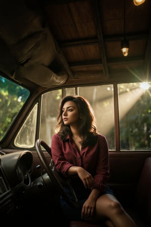 A close-up shot of a tranquil woman's face, illuminated by a warm ray of light, as she sits poised on the vintage dashboard of a classic car, shrouded in the darkness beneath a towering tree. The soft glow of morning mist envelops her, complemented by the earthy tones of the coffee shop's rustic interior. Her classic outfit exudes timeless elegance.,SHORT,AWA,Mallu woman