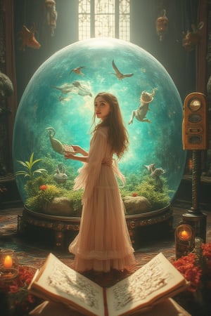 Title: "Divine Harmony: A Priestess and the Enchanted Ecosystem"
In this award-winning photo masterpiece, a solo girl stands in a dynamic action pose, surrounded by an ultra-detailed and vibrant environment. The HDR, UHD, and 16K resolution capture every mesmerizing detail, creating a stunningly realistic and immersive experience.
The girl, a delicate and cute teenager with iridescent brown hair, possesses big dream-like eyes, perfectly crafted fingers, and a flawless face with a shy blush. Her eyes, vibrant and full of life, draw viewers into her captivating gaze. The lens flare adds a touch of magic to the photo, enhancing the dreamy atmosphere.
The lighting and shadows are perfectly balanced, creating a stunning play of light that accentuates the girl's beautiful and shiny skin. Her slightly smiling expression radiates warmth and charm, making her presence all the more captivating.
In this extra-wide shot, a giant glass sphere containing a small ecosystem takes center stage. Surrounding the sphere are various measurement devices, highlighting the scale of the factory where it is installed. The attention to detail is extraordinary, with intricate illustrations and delicate linework adorning the sphere's surface. Whimsical patterns and enchanting scenes within the sphere tell a captivating story of nature's harmony.
Standing next to the sphere is the girl, dressed in ceremonial robes, a girl Priestess with divine magic at her command. She holds sacred texts and carries out blessing rituals, using her healing spells to bring harmony to the ecosystem within the sphere. The atmosphere is further enhanced by the presence of incense, adding a touch of mysticism to the scene.
Against a backdrop of a church and stained glass windows, the interior is intentionally messy, representing the creative chaos of the girl's divine work. A book lies open, revealing elemental features and secrets waiting to be discovered.
The entire composition is illustrated in a pink gold style, enhancing the visual appeal with its vivid colors and stunning light. The level of detail is truly insane, with the scene bursting with life and intricate elements.
"Divine Harmony: A Priestess and the Enchanted Ecosystem by kyo8sai 2024-06-11.  " is a breathtaking fusion of art and storytelling. Through its high-quality and realistic illustrations, it invites viewers into a world where magic and nature intertwine, captivating their imagination and leaving them in awe.Geometry,zentangle,1girl,Ruffled dress with bows,