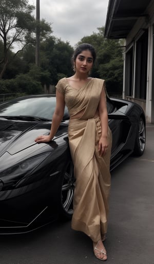 A young beauty posing confidently on the sleek surface of a Lamborghini, standing outside 
background Lamborghini car,  saree:1.4, her 18-year-old radiance illuminated by soft, golden light, vibrant color scheme provide a striking backdrop for her effortless elegance, leg_spread 