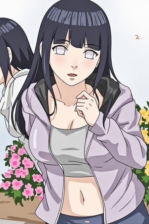 Hinata, 1girl, long hair, looking at viewer, open mouth, bangs, black hair, 2girls, collarbone, jacket, navel, midriff exposed, flower, outdoors, solo focus, hood, blunt bangs, white eyes, no pupils, hyuuga hinata