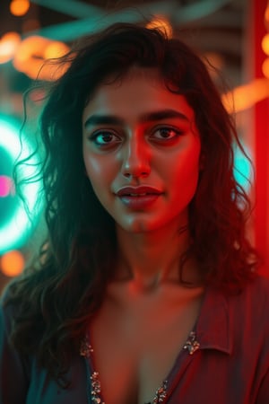 ((( A CUTE TRADITIONAL MALLU BEAUTY , perfect teal and Red colour lights, teal orange colour grading, )))
The atmosphere is fun and inviting, featuring colors like black, blue, dark blue, teal  and orange. Neon lights in pink, blue, and green illuminate the space, creating a bokeh and Depth of Fieldeffect. The focus is on the girl from the torso to the head, captured in a cinematic style with a Sony A7R IV full-frame camera,text title style,perfect text title,FluxBoost