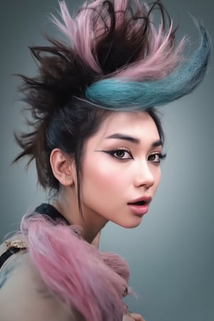 A hyper-realistic portrait of a stunning supermodel, featuring a beautifully detailed face with intricate. The image blends futuristic and traditional elements with a neo mode, avant-garde style, characterized by delicate and sleek lines, vibrant colors, and exquisite details. The model’s eyes captivate with complex colored irises, while her unique, crazy hairstyle adds to the surreal and mysterious charm. The overall composition is symmetrical and fluid, with an ethereal and timeless aura. The interplay of light and shadow enhances the high-fashion aesthetic, capturing the essence of cyberpunk and folklore in a visually striking and artistic statement,  Midjourney_Whisper,Details,Skin texture,Asian 