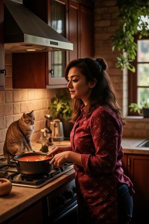 Short lighting portrait of a woman at the warm and cozy kitchen scene: a happy mother, beaming with joy, stands at the counter, surrounded by mixing bowls and utensils. She's wearing a cheerful apron and a gentle smile as she carefully stirs a pot of simmering soup. Beside her, her curious cat perches on the edge of the counter, its whiskers twitching as it watches the mother's every move. Soft golden lighting illuminates the scene, with a hint of warmth from the stove, capturing the heartwarming atmosphere.,SHORT,Mallu woman