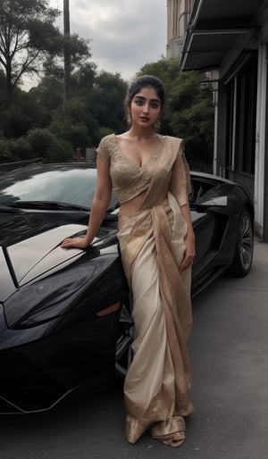 A young beauty posing confidently on the sleek surface of a Lamborghini, standing outside 
background Lamborghini car,  saree:1.4, her 18-year-old radiance illuminated by soft, golden light, vibrant color scheme provide a striking backdrop for her effortless elegance, leg_spread 