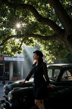 A woman's, positioned on the vintage automobile's hood, shrouded in the darkness beneath the ancient tree's sprawling canopy. Her attire exudes classic elegance, while the misty atmosphere and ray of soft light dancing through the leaves imbue the scene with mystique. In the background, a coffee shop's sign creaks gently in the morning breeze.,SHORT,AWA,HDR