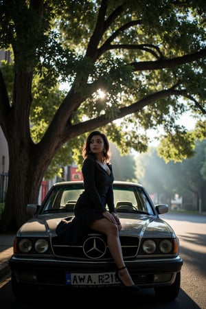 A woman's, positioned on the vintage automobile's hood, shrouded in the darkness beneath the ancient tree's sprawling canopy. Her attire exudes classic elegance, while the misty atmosphere and ray of soft light dancing through the leaves imbue the scene with mystique. In the background, a coffee shop's sign creaks gently in the morning breeze.,SHORT,AWA,HDR