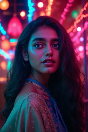  A CUTE TRADITIONAL MALLU BEAUTY , 
The atmosphere is fun and inviting, featuring colors like black, blue, dark blue, dark purple, gray, light green, purple, and orange. Neon lights in pink, blue, and green illuminate the space, creating a bokeh and Depth of Fieldeffect. The focus is on the girl from the torso to the head, captured in a cinematic style with a Sony A7R IV full-frame camera,text title style,perfect text title,FluxBoost,1girl