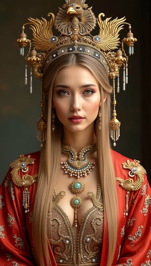 A stunning (gujrati woman), wearing an opulent ancient Chinese empress costume,Her Slavic features, -blue eyes and fair skin, contrast beautifully with the ornate goddess traditional, Elaborate headdress adorned with gold filigree, jade beads, and hanging pearls, Intricate phoenix crown with delicate golden leaves and gemstones,Layered silk robes in rich red and gold, embroidered with dragons and auspicious symbols, Wide, flowing sleeves with detailed embroidery, Ornate collar piece studded with precious stones,Long blonde hair partially visible beneath the headdress,Beautiful woman,Photorealistic,Fantasy detailers 