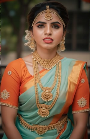 A close-up shot of a woman in a traditional Indian saree, adorned with gold embroidery and jewelry. She is dressed in a turquoise saree with a matching orange blouse. The saree is adorned with a gold necklace and earrings, adding a touch of gold to her outfit. The backdrop is blurred, creating a soft focus on the woman's face.