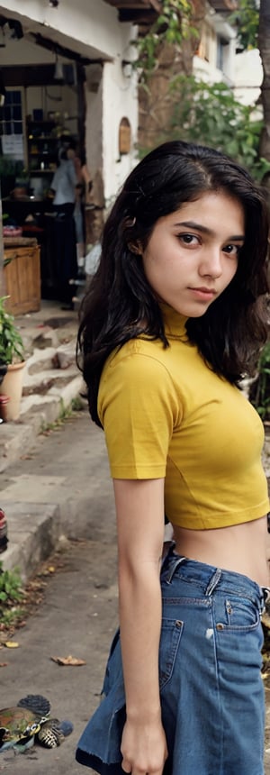 ((Skinny slim girl)), Beautiful girl in a (jeens dress), amazingly beautiful, long brown hair, fair skin, side pose, looking at viewer, background, ((turtle neck t-shirt))), ((jeans and crop top)), masterpiece, best quality, face focus, fashion photography, yellow, blue, photorealistic, highly detailed, (symmetrical green eyes),realistic,1 girl,perfect,REALISTIC,15yo