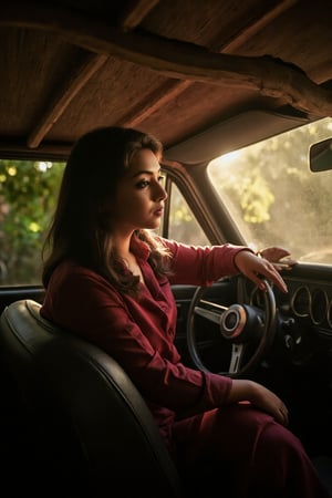 A close-up shot of a  mallu  woman, illuminated by a warm ray of light, as she sits poised on the vintage dashboard of a classic car, shrouded in the darkness beneath a towering tree. The soft glow of morning mist envelops her, complemented by the earthy tones of the coffee shop's rustic interior. Her classic outfit exudes timeless elegance.,SHORT,AWA,Mallu woman