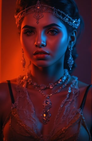 create  a beautiful lady, hayv kahramman style,glowing,bright,luminous skin,glowing brightly,warm light,radiant,soft,glowing skin and vibrant, luminous features,glowing visual effects,glowing particles,neon