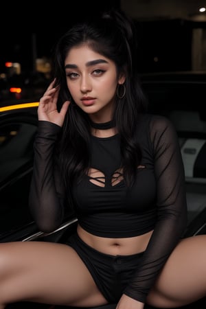 Sitting on the car bonet and spread legs, , A stunning young Mallu woman, 18 years old, strikes a pose against a dramatic dark night backdrop. Her striking twin-tailed ponytail and two buns frame her long hair, accentuating her confident gaze directly at the viewer. Adorned with eye-catching jewelry, she wears a revealing full-sleeve shirt and short trousers showcasing her modern style, with a subtle navel exposure highlighting her toned upper body. Red-framed specs and hoop earrings add a pop of color, while her black eyes and luscious lips complete the look.,bodyconc,china dress with heart cutout