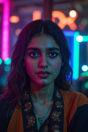  A CUTE TRADITIONAL MALLU BEAUTY , 
The atmosphere is fun and inviting, featuring colors like black, blue, dark blue, dark purple, gray, light green, purple, and orange. Neon lights in pink, blue, and green illuminate the space, creating a bokeh and Depth of Fieldeffect. The focus is on the girl from the torso to the head, captured in a cinematic style with a Sony A7R IV full-frame camera,text title style,perfect text title,FluxBoost