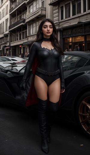 Batwoman movie theam, A young beauty posing confidently on the sleek surface of a Lamborghini, standing outside 
background Lamborghini car,  saree:1.4, her 18-year-old radiance illuminated by soft, golden light, vibrant color scheme provide a striking backdrop for her effortless elegance, leg_spread 