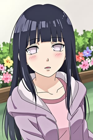 long hair, looking at viewer, open mouth, bangs, multiple girls, black hair, 2girls, collarbone, jacket, flower, outdoors, solo focus, hood, blunt bangs, white eyes, no pupils, hyuuga hinata