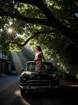 A  woman, mallu,  positioned on the vintage automobile's hood, shrouded in the darkness beneath the ancient tree's sprawling canopy. Her attire exudes classic elegance, while the misty atmosphere and ray of soft light dancing through the leaves imbue the scene with mystique. In the background, a coffee shop's sign creaks gently in the morning breeze.,SHORT,AWA,HDR