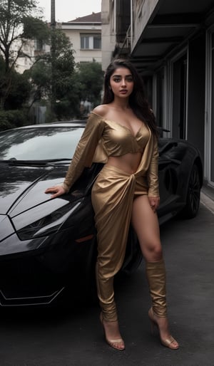 Batwoman movie theam, A young beauty posing confidently on the sleek surface of a Lamborghini, standing outside 
background Lamborghini car,  saree:1.4, her 18-year-old radiance illuminated by soft, golden light, vibrant color scheme provide a striking backdrop for her effortless elegance, leg_spread 