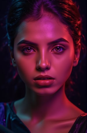 create  a beautiful lady, hayv kahramman style,glowing,bright,luminous skin,glowing brightly,warm light,radiant,soft,glowing skin and vibrant, luminous features,glowing visual effects,glowing particles,neon