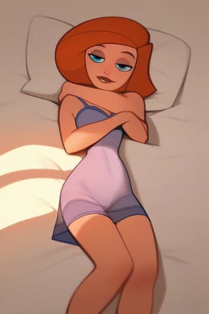 score_9, score_8_up, score_7_up, score_6_up, score_5_up, score_4_up, explicit, source_cartoon, ANNP, SOLO, 1GIRL, ORANGE HAIR, BLUE EYES, SHORT HAIR,  night gown, on her back, legs lock, bedroom eyes,  on bed, body pillow hug,  sexy, teasing, dynamic view,   lora:AnnPossiblePony1.0:1, ZPDXL