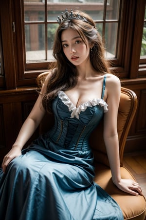 Masterpiece, 8k, (realistic, photorealistic), best quality, high resolution, perfect details,

A woman in a dress sitting at the window, blue classical corset, detailed steampunk long dress, open V-breasted dress, cute queen, crown,