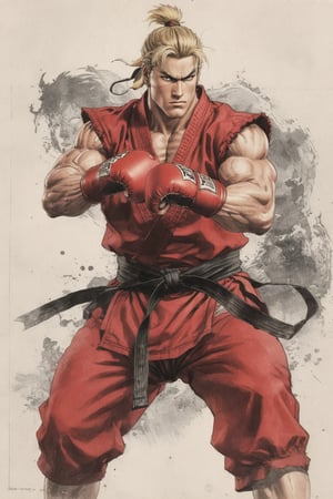 masterpiece, best quality, highly detailed, ultra-detailed, intricate), illustration, pastel colors, offcial art, realistic, 

Street Fighter style, (Ken:1.4), solo, (1 very strong muscle man), blond middle part hair, (wearing red sleeveless karate uniform and fingerless boxing gloves and  barefoot), (serious face), (full_body),

((ink: 1.2)), splash pen: 1.2, pen and ink sense: 1.3,
sideview, super detail face, comic book, enchanced_color, portraitart,