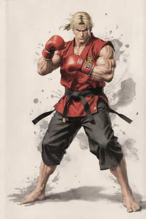 masterpiece, best quality, highly detailed, ultra-detailed, intricate), illustration, pastel colors, offcial art, realistic, 

Street Fighter style, (Ken:1.4), solo, (1 very strong muscle man), blond middle part hair, (wearing red sleeveless karate uniform and fingerless boxing gloves and  barefoot), (serious face), (full_body),

((ink: 1.2)), splash pen: 1.2, pen and ink sense: 1.3,
sideview, super detail face, comic book, enchanced_color, portraitart,
