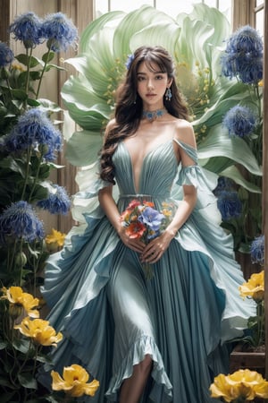 masterpiece, (real, photo real), best quality, high resolution, perfect details,

1girl, solo, long hair, long hair, hair ornament, medium breasts, idol clothes, red dress, bare shoulders, sleeveless, wrist cuffs, detached sleeves, earrings, idolmaster, 

blue choker((huge flower)), (((Platycodon grandiflorum flower))),((( looking at viewer))), bangs, hair flower, colorful dress, , (((colorful flowers))),Fantasy World, cowboy shot, 