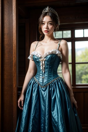 Masterpiece, 8k, (realistic, photorealistic), best quality, high resolution, perfect details,

A woman in a dress standing at the window, blue classical corset, detailed steampunk long dress, open V-bust dress, cute queen, crown,