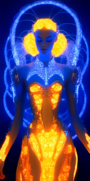 A cybernetic queen with eyes like blooming chrysanthemums surveys her neon-lit city from a throne of interwoven cables. Glittering chrome tendrils curl around her porcelain skin, merging technology with nature. Powerful, elegant, high resolution.