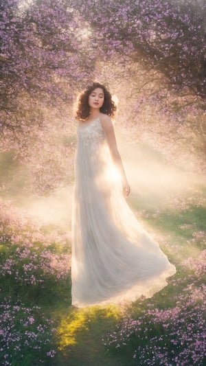 In a dreamy and ethereal setting, the woman is depicted floating in a cloud of mist and soft light. Her body is surrounded by delicate flowers that seem to bloom from her very essence, symbolizing the beauty and vitality of femininity. The colors used are pastel and muted, creating a serene and tranquil atmosphere. The composition is organic and flowing, with the woman’s body forming graceful curves that harmonize with the natural elements around her. The overall mood is one of enchantment and mystique, evoking a sense of wonder and reverence for the feminine form,ViNtAgE,photorealistic