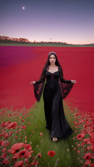 Death - the bride, young woman a bride in black wedding dress walks through field of blooming poppies toward the viewer. She is sorounded by poppies, She wear a black long veil with a wreath of poppy flowers. she move away the flowers with her left hand and raises her open hand towards the viewer with her right hand. redhead, long hair, black eyes, modest dress, seen from the front, (no sky,Dim light, nightfall, red and purple poppies and buds background) (masterpiece, realistic image, photo, Best Quality, photorealistic, ultra-detailed, finely detailed, high resolution, 8K wallpaper)