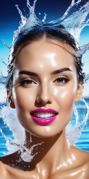 Generate hyper realistic image of a dynamic beauty photograph featuring vibrant water splashes. Capture the moment when water interacts with the woman's features, creating a visually compelling and refreshing image.