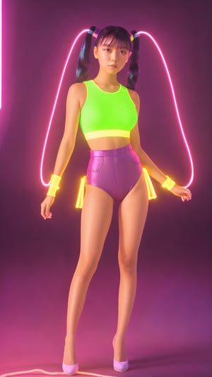 a young woman, full body, street, long black hair, space buns, twintails, bright purple and hot pink neon strings, masterpiece, ultra realistic, high detailed, plasma energy, dramatic lighting