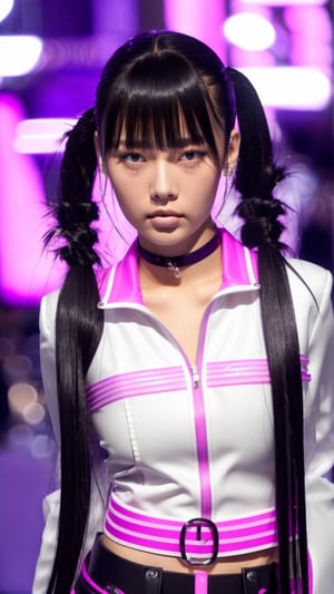 a young woman, solo, (full body, sharp focus, shallow depth of field), snearkers, jacket, street, long black hair, space buns, twintails, bright purple and hot pink neon strings, masterpiece, ultra realistic, high detailed, plasma energy, dramatic lighting,photorealistic