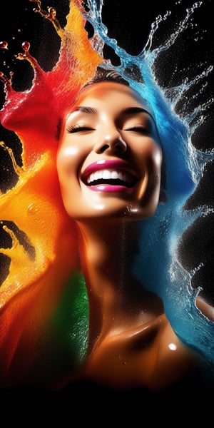 Generate hyper realistic image of a dynamic beauty photograph featuring vibrant water splashes. Capture the moment when water interacts with the woman's features, creating a visually compelling and refreshing image.