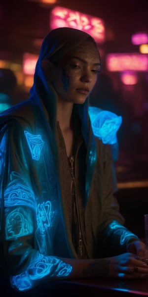 A dimly lit bar pulsates with neon, patrons shrouded in holographic cloaks woven with lotus motifs. Each breath releases puffs of luminescent smoke, revealing fleeting glimpses of hidden tattoos. Atmospheric, cyberpunk, high resolution.
