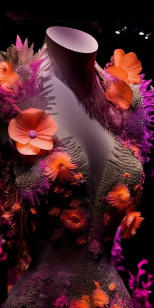 A sleek exhibit showcases clothing adorned with bio-engineered fossils of ancient flowers. Each bloom glows with hidden genetic data, a whisper of lost ecosystems echoing in the neon halls. Intricate, scientific elegance, high resolution.
