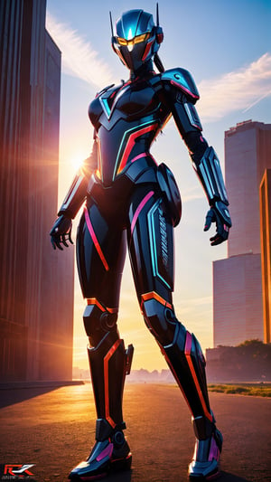 a young woman, full body,  Transformer Warrior, vibrant color, powerful, ultra realistic, cyberpunk, masterpiece, cyborg style, dramatic lighting,y2k