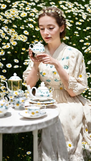  A woman sits alone at a tea party, surrounded by delicate clockwork daisies. She pours tea from a tiny porcelain pot, each tick and tock echoing the passing of time. Candid, whimsical, high resolution.,ViNtAgE,photorealistic,More Detail,Detailedface