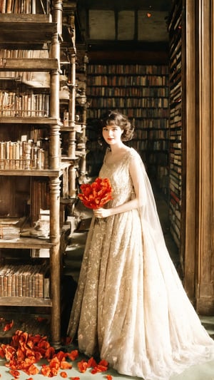  In a dusty, forgotten library, a lone figure kneels amidst towering bookshelves. Poppy petals cling to their vintage dress, echoing the faded botanical prints lining the walls. Candid, atmospheric, high resolution,ViNtAgE,photorealistic