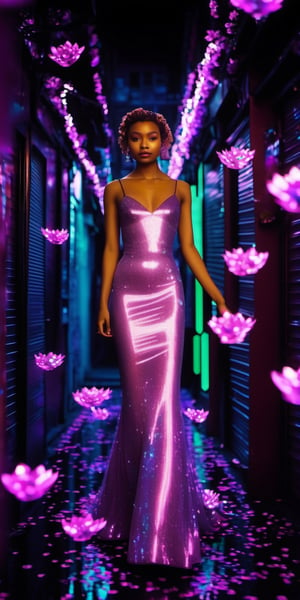  Anya, a notorious data thief, cute face, glides through the neon alley, her glitching orchid gown shimmering with stolen secrets. Holographic petals trail behind her like digital phantoms.