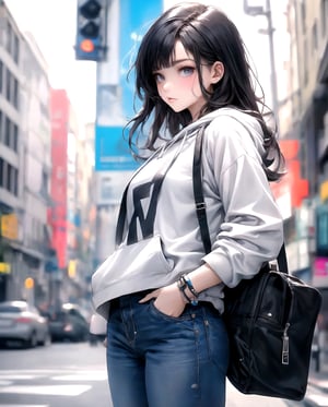 midjourney, (masterpiece), (best quality), (ultra-detailed), 1 girl, 24 years old ,wearing white hoodie, Blue jeans, hands in pocket, middle of the street, On a side walk, Picture for Social media, social media influencer