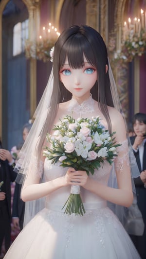 NSFW, aesthetic portrait, masterpiece, best quality, highly detailed, masterpiece, best quality, absurdres, extremely detailed CG unity 8k wallpaper, {extremely detailed cg}, 

solo,blunt_bangs,long_hair,black_hairblack_eyes,detail fingers,Holding the wedding bouquet with both hands,