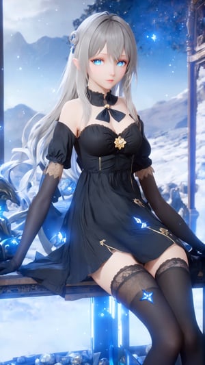 NSFW, aesthetic portrait, masterpiece, best quality, highly detailed, masterpiece, best quality, absurdres, extremely detailed CG unity 8k wallpaper, {extremely detailed cg}, 

stellaris, Gray Goo, anthropomorphic, 1girl, white thighhighs, white hair, black china dress, black gloves, black heels, Gold hem, Blue pupil,