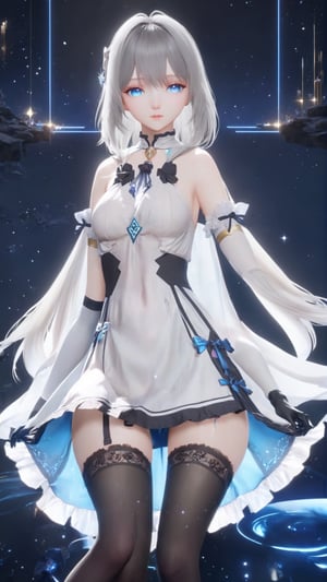 NSFW, aesthetic portrait, masterpiece, best quality, highly detailed, masterpiece, best quality, absurdres, extremely detailed CG unity 8k wallpaper, {extremely detailed cg}, 

stellaris, Gray Goo, anthropomorphic, 1girl, white thighhighs, white hair, china dress(black), black gloves, black shoes, Gold hem, Blue pupil,