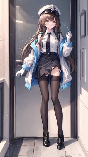 minami kotori, pantyhose, (2girls), multiple girls, long hair, high heels, white jacket, necktie, brown hair, uniform, jacket, skirt, black footwear, sex toy, shirt, breasts, hat, gloves, bangs, yellow eyes, white gloves, medium breasts, thighband pantyhose, blue jacket, vibrator, black shirt, black necktie, collared shirt, police uniform, long sleeves, brown eyes, torn clothes, police, blue shirt, dildo, panties, pencil skirt, underwear, 