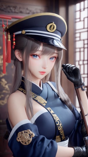 NSFW, aesthetic portrait, masterpiece, best quality, highly detailed, masterpiece, best quality, absurdres, extremely detailed CG unity 8k wallpaper, {extremely detailed cg}, 

armlet,naval cap,military uniform,Chinese style,gloves ,cane,,